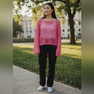 POL Pink Off-the-Shoulder Crochet Style Sweater Oversized